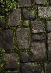 Weathered Cobblestone Wall with Dense Moss and Rich Textures, Organic Growth Patterns, Moist and Rustic Feel, Hyper-Realistic Detail