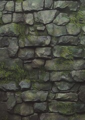 Weathered Cobblestone Wall with Dense Moss and Rich Textures, Organic Growth Patterns, Moist and Rustic Feel, Hyper-Realistic Detail