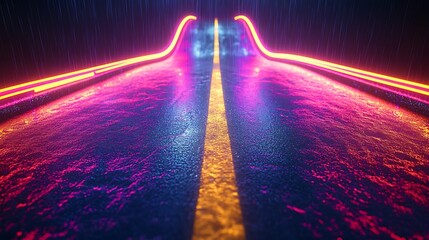 Neon road, rain, night, futuristic