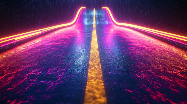 Neon road, rain, night, futuristic