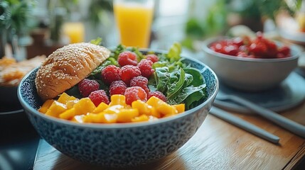 Fresh and colorful salad with raspberries and mango served on a wooden table with drinks