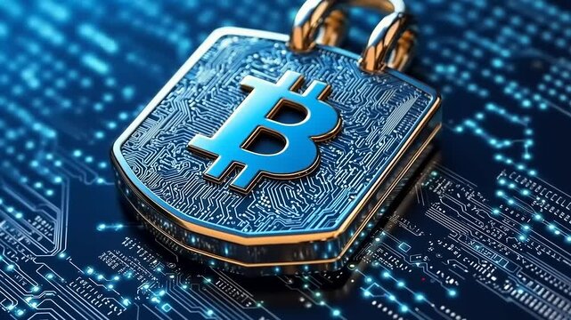Secure digital Bitcoin lock on a circuit board background, symbolizing cryptocurrency protection