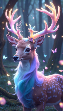 Whimsical deer with rainbow antlers and hair amidst a magical forest, butterflies dance around it, adding to the enchanting atmosphere.