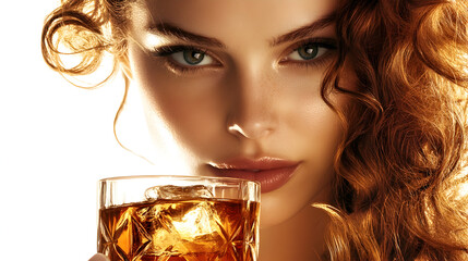 A woman with curly hair is holding a glass of alcohol. Concept of sophistication and indulgence, as the woman is posing with the drink in a glass. The combination of the woman's appearance