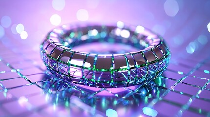 Abstract Metallic Ring with Geometric Lattice and Purple Teal Lighting