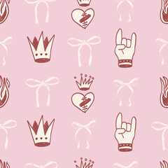 Coquette crayon seamless pattern. Girly punk rock and roll marker endless background. Bow, corns and broken hearts with crown repeat cover. Crayon continuous ornament. Vector hand drawn illustration.