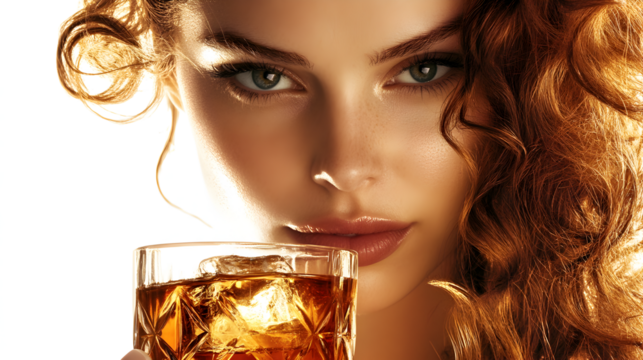 A woman with curly hair is holding a glass of alcohol. Concept of sophistication and indulgence, as the woman is posing with the drink in a glass. The combination of the woman's appearance