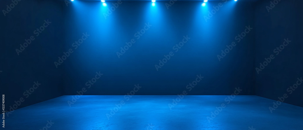 Poster minimalistic empty room illuminated by multiple blue led spotlights casting soft shadows and creatin