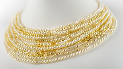 A luxurious cascade of creamy pearls and shimmering gold beads, a breathtaking necklace of elegance and sophistication, displayed on a pristine white mannequin.