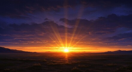 Obraz premium Dramatic Sunset Landscape with Crepuscular Rays over Serene Plains and Distant Mountains