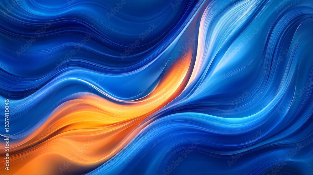 Poster flowing abstract waves in deep blue and vibrant orange creating a fluid motion with a smooth and ele