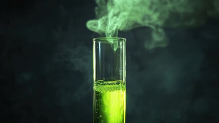 Ethereal shot of a chemical reaction in a laboratory test tube, with a soft green liquid glowing and gentle smoke rising.

