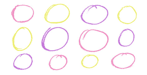 Grunge scribble circular frames pack. Freehand round scrawl set. Crayon hand drawn highlight circle chalk border shapes collection. Underline collage mark. Vector illustration on white background.