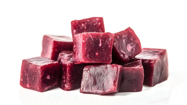A pile of red cubes on a white background. The cubes are made of a frozen fruit. Concept of freshness and healthiness