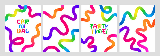 Color Lines with Gradient. Abstract Backgrounds with Vector Wavy Shapes. Carnival and Celebration Posters with Squiggle Rainbow Confetti