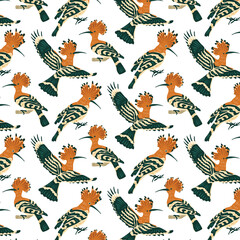 Pattern of Eurasian Hoopoe. A small, brightly colored bird with a long, narrow beak and a fan-shaped crest. National symbol of Israel. Vector background for fabric, textil, wrapping paper, gift cards.