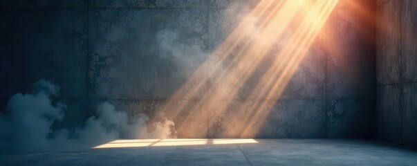 Obraz premium Intense spotlight cuts through smoky haze on textured wall, vintage, stage, focus