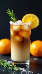 Layered iced coffee with orange & lemon juice, rosemary sprig , food styling, rosemary