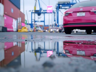 Fototapeta premium Red Car at Port Global Trade Logistics