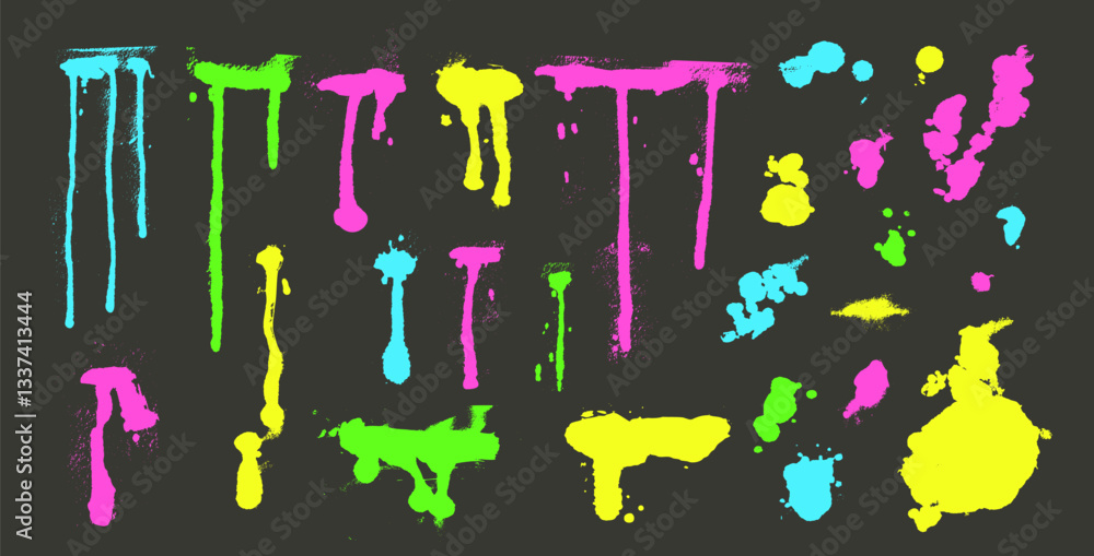 Poster paint spray splatters lines set. grunge graffiti splashes and drips pack. ink spots and blob shapes.