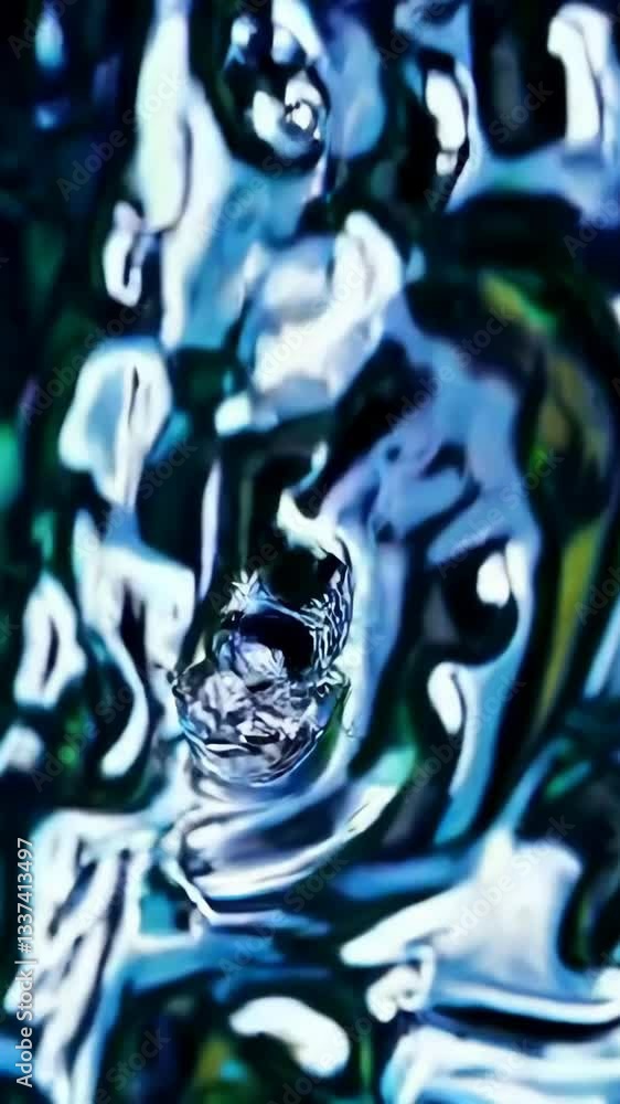 Poster dynamic flow of liquid bubbles reflecting abstract patterns in vivid blue tones