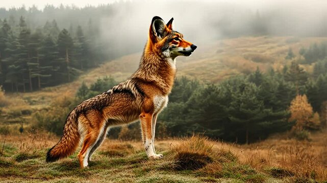 Majestic Red Wolf Standing in a Misty Forest
