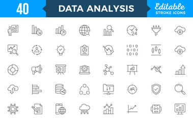 Data analysis set of web icons in line style. Pack of database, Big Data processing, statistics, analytics, server, monitoring, computing, network, chart, and others.