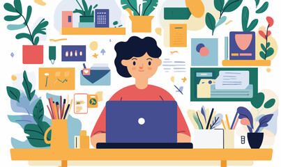 Digital Content Creator at Vibrant Workspace with Plants and Creative Elements