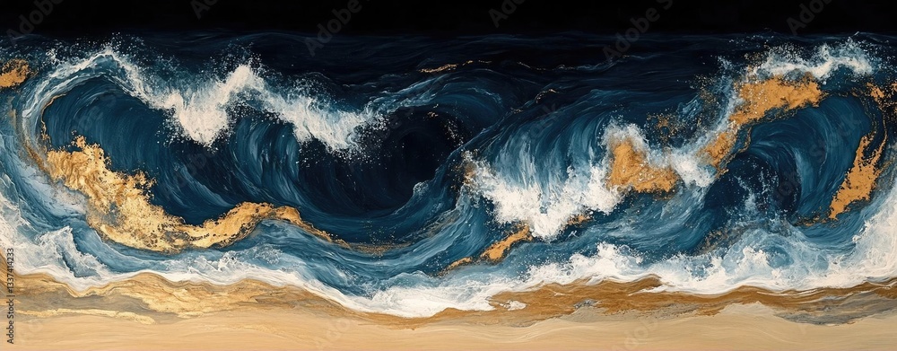 Poster abstract ocean waves crashing against a sandy shore at twilight, capturing dynamic movement and colo
