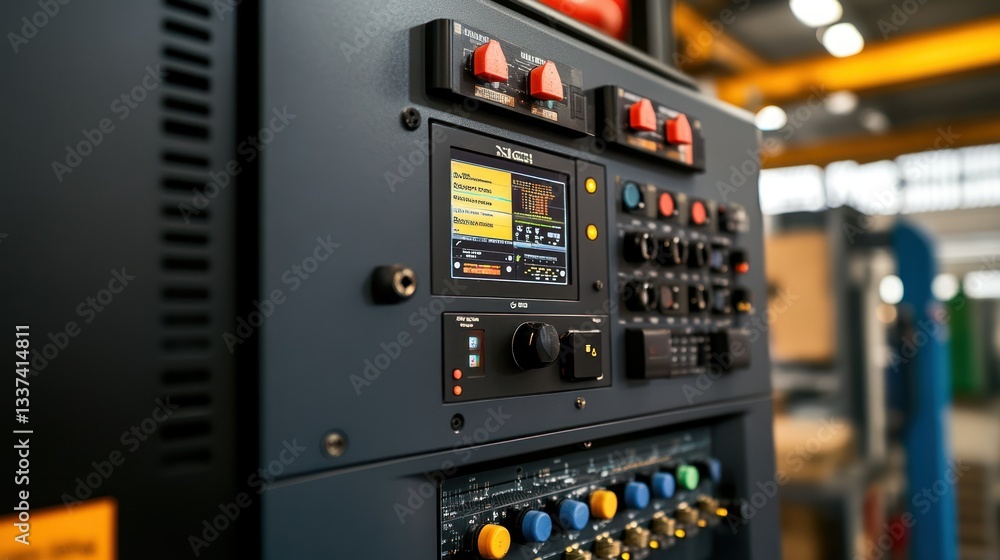 Poster industrial control panel: close-up of a sophisticated control system in a factory setting, showcasin