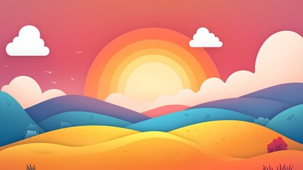 Landscape background with mountains, hills and sunset. Vector illustration.