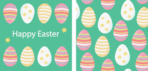 Happy Easter card and pattern. Festive Easter set of illustrations with eggs and greetings. Seamless vector background. Ideal for social networks, cards, banners, packaging and fabric.