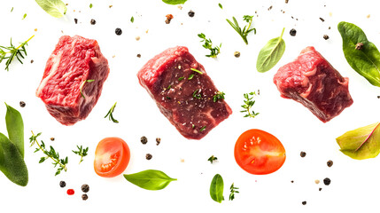 Three pieces of meat are on a white background with a variety of herbs and spices. The meat is cut into different shapes and sizes, and the herbs and spices are scattered around it