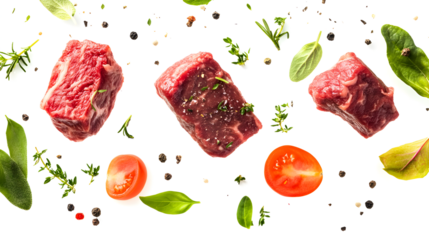 Three pieces of meat are on a white background with a variety of herbs and spices. The meat is cut into different shapes and sizes, and the herbs and spices are scattered around it