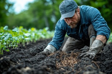 Farmer practicing no-till agriculture in a regenerative farming environment