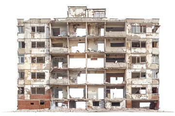 Haunted ruined apartment building with broken windows isolated on transparent background