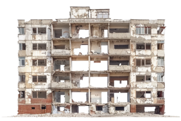 Haunted ruined apartment building with broken windows isolated on transparent background