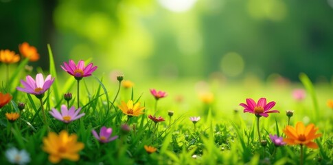 Lush green grass, vibrant wildflowers in bloom , wildflowers, ecology, flowers