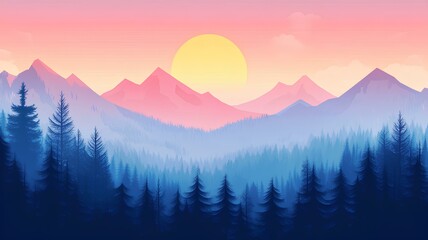 Obraz premium Landscape with mountains and forest at sunset. Vector illustration for your design