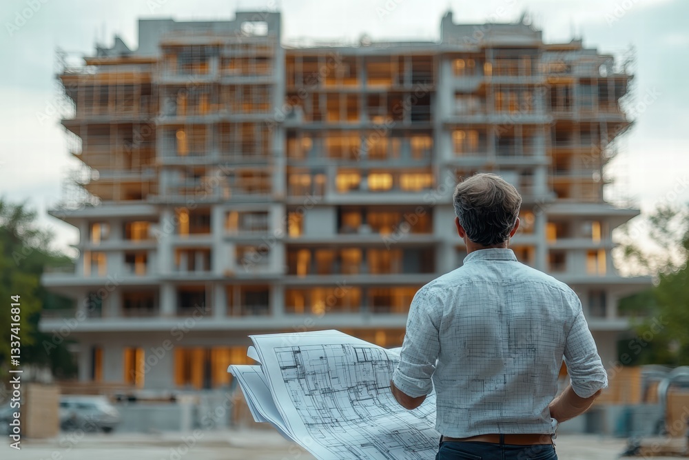 Poster architect reviewing blueprints in front of a construction site during twilight