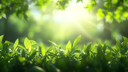 Obraz premium Fresh green tea leaves in the morning sunlight. Beautiful nature background.