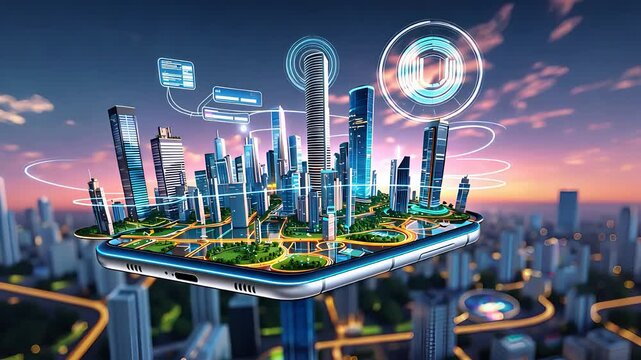Futuristic Smart City Emerging from a Smartphone with Digital Connectivity, IoT Networks, and Urban Innovation

