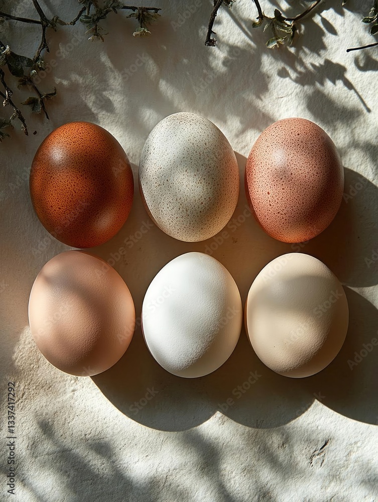 Aufkleber assorted eggs in natural light with soft shadows and organic elements in the background