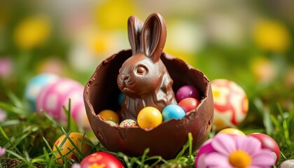 A cracked chocolate Easter egg reveals a whole chocolate bunny inside, candy, bunny