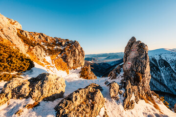Winter hiking to Velky Rozsutec in Mala Fatra National park is full of beautiful views. Sunset in Slovakia mountains. Slovakia landscape