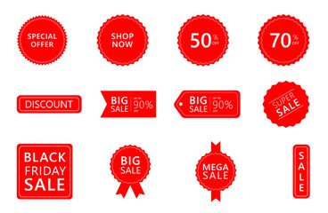 Vibrant Sale Tag Collection – Red Ribbons, Discount Icons & Shopping Labels in High-Quality Vector Art