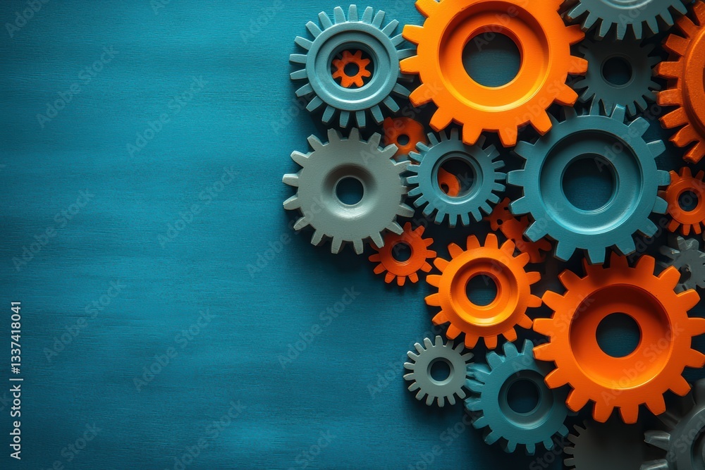 Aufkleber interlocking gears create a colorful mechanical design against a blue background