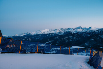 Winter snow panorama of the city of Zakopane and poland Tatras mountains from Gubałowka viewpoint, Poland