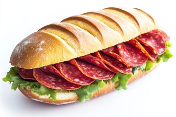 Delicious salami submarine sandwich with fresh lettuce on white background