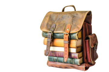 Heavy school backpack full of books isolated on transparent background